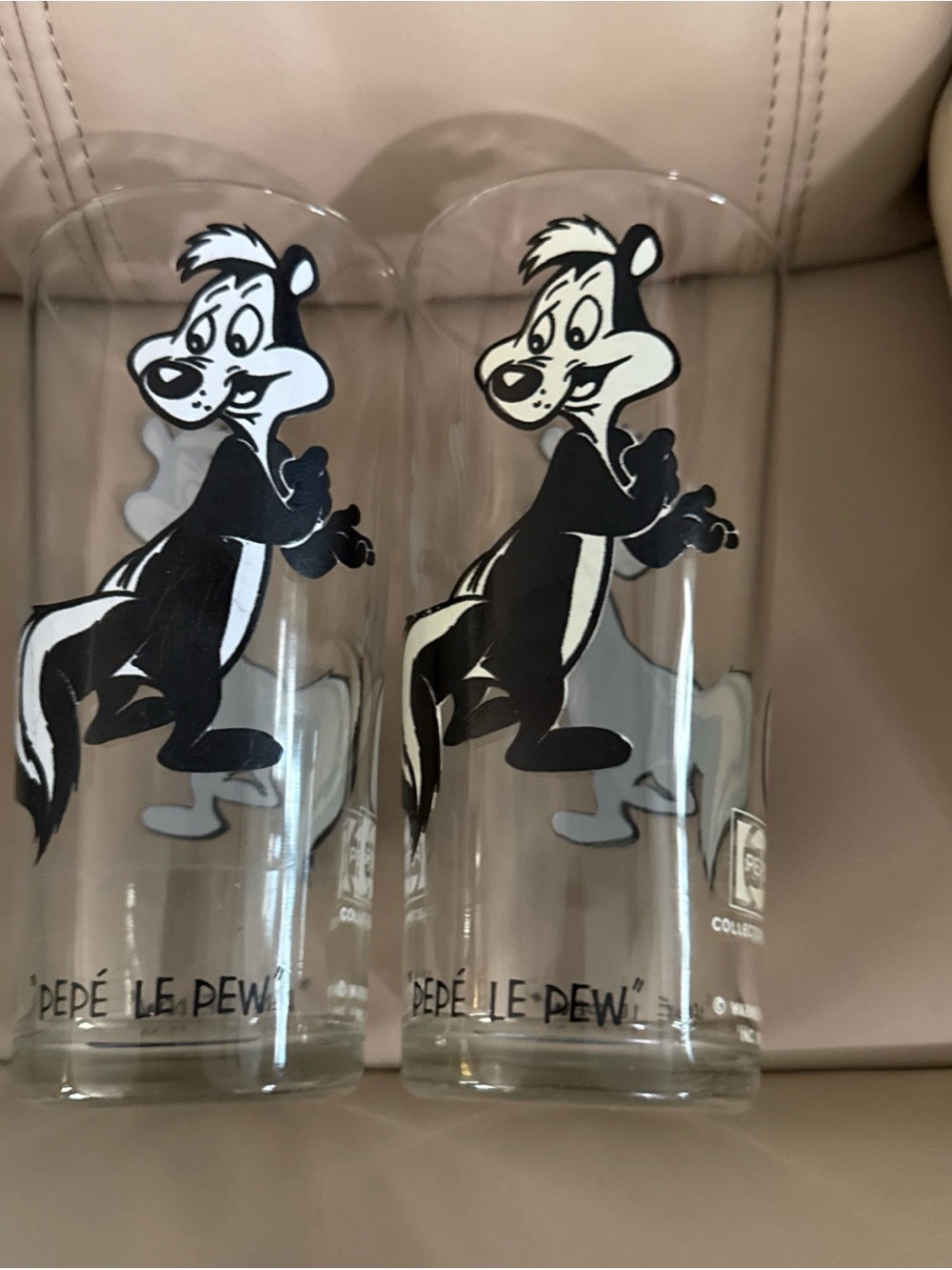 Pepe Le Pew Cartoon Glasses - Black & White Set of 2 Pepsi 1973 glasses